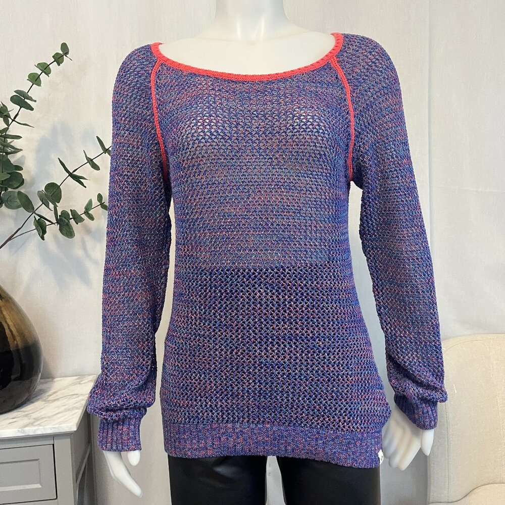 Large Roxy Open Knit Sweater Purple Pink Marled Raglan Long Sleeve Boat Neck Top
